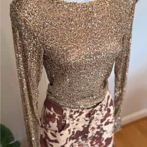 🌞NWT Small Free People Intimately Gold Rush Long Sleeve Sequin Top - Gold, #56